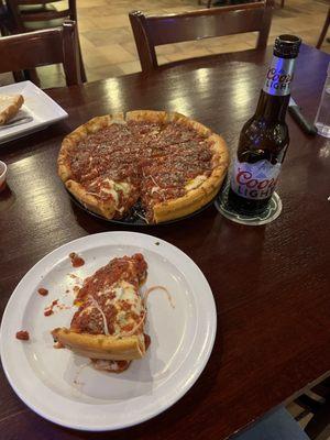 Chicago style pizza with jalapeños and pepperonis.