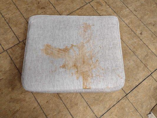 Cotton Sofa Cushion that a child had vomited on after drinking a colored sports drink.