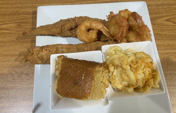 Fried whiting, fried shrimp, Mac n cheese, & cornbread