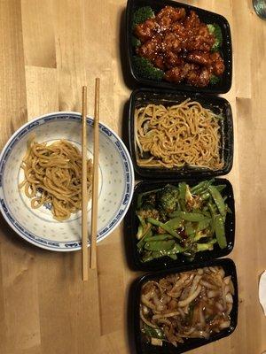 Sesame chicken, sesame noodles, veggies, beef and onions