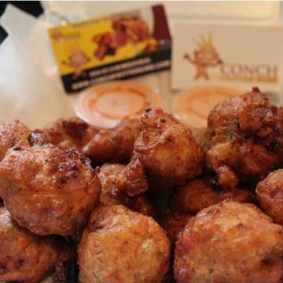 Conch Fritters from Conch Fritter King.  Its a Yellow food Trailer.