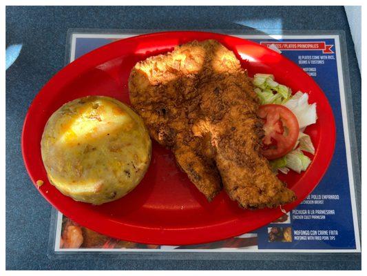 Mofongo with Breaded Chicken Breast and small salad. The portion was enough for a person.