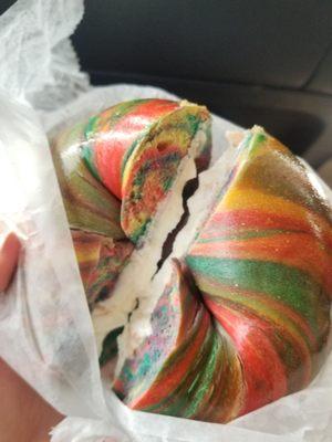 Rainbow bagel with lox cream cheese!