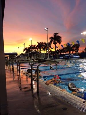 View looking west at sunset and The Aquatic Complex Myrtha Designed 25 Meter competition pool.