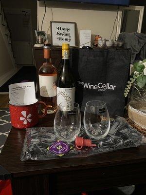 Wine bottles, wine bag, wine  pourer , stemless wine glasses and wine gift bags !