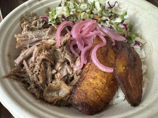 Lechon bowl, same yummy pork as from cubano, a little cheaper and more about the rice and beans on the bottom, and plantain rock!