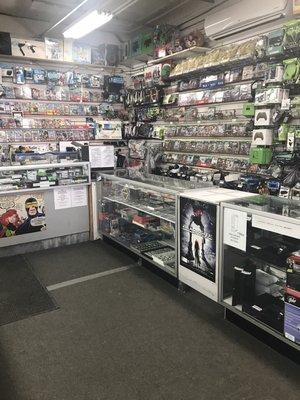 We sell video games, consoles, accessories, used games/systems, and electronics.  We buy and sell used electronics