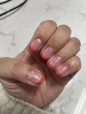 Another gel mani by Linda. Glitter base with pink tips.