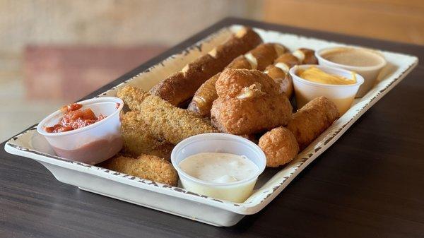 Sampler with Frickles, Mozzarella Cheese Sticks, and Bavarian Pretzel Sticks