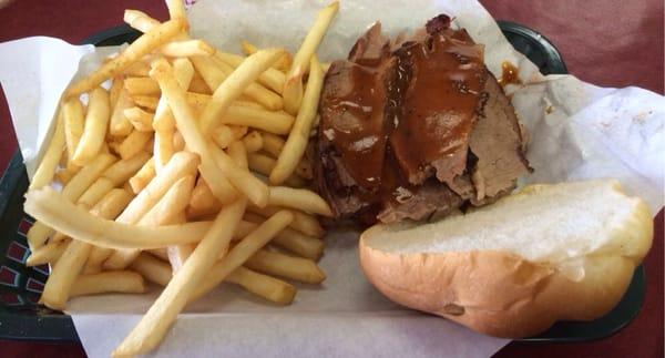 Sliced brisket and fries