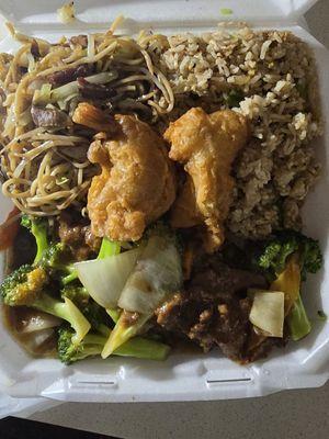 Broccoli beef, pork fried rice, pork chow mene and fried shrimp.