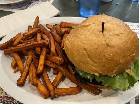 Black Bean Chipotle Burger with Sweet Potato Fries