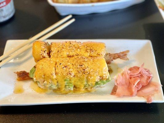 Shrimp tempura, crab, seared sushi