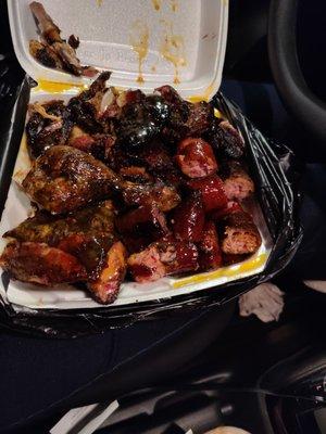 3 meat combo.. sausage, ribs, &chicken