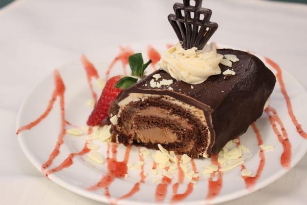 Chocolate Mousse Roulade with strawberries