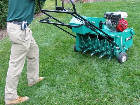 Lawn aeration improves air and nutrient penetration to the roots, and helps to relieve soil compaction and thatch.