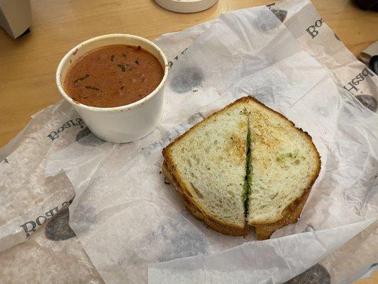 Tomato basil soup and pesto grilled cheese