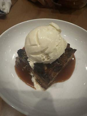 Pecan Bread pudding with bourbon caramel sauce and vanilla ice cream