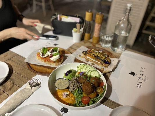 Fal iah Fel Bowl, sweet burrata (toast), the Orchard (toast)