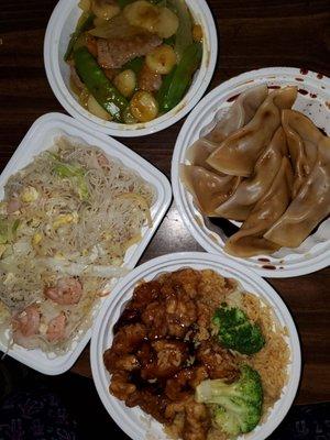 Steamed dumplings, shrimp mei fun, general tso chicken, beef curry