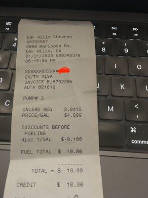 Receipt showing the price actually charged on 1/21/2023 with Chevron card ($4.899/gal)