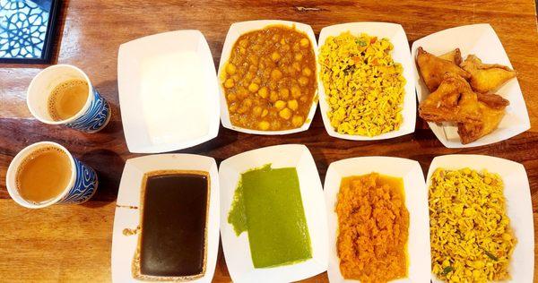 Sauces,samosa,Rice,Dessert.Wanted to adjust the sauce according to my desired amt for the chaat but server wont let us take it to the table