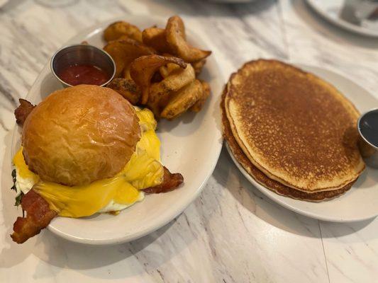 Breakfast Sandwich and Pancakes