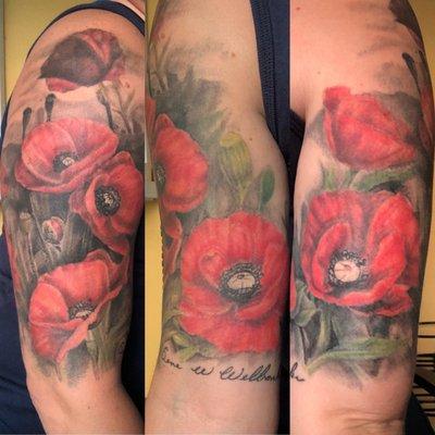 Memorial tattoo. Poppy flowers in honor of my grandfather who was a WWII veteran.