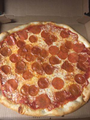 "16 pepperoni pizza fresh out the oven just a smidge bigger than the box $15.49 +tax