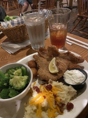 Fried Catfish with loaded mashed potatoes and broccoli