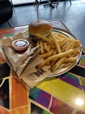 Basic cheese burger and Fries