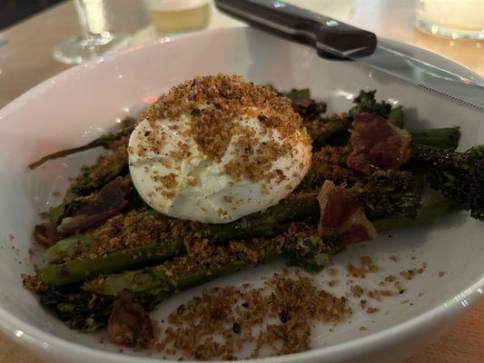 Broccolini and burrata.  The stems should have been shorter...or less woody...to be chewable...