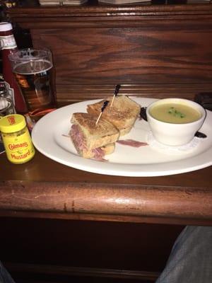 Corned beef sandwich with corn soup & colman's Irish mustard delicious