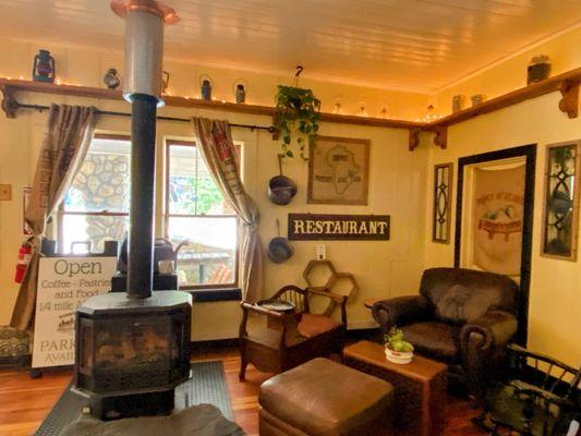 A seating area inside Bunny Slope Cafe at the Kyburz Lodge in Kyburz, CA