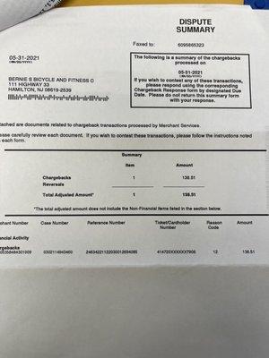 Charge back by Anthony B for  2 Gator skin tires in the amount of 138.51