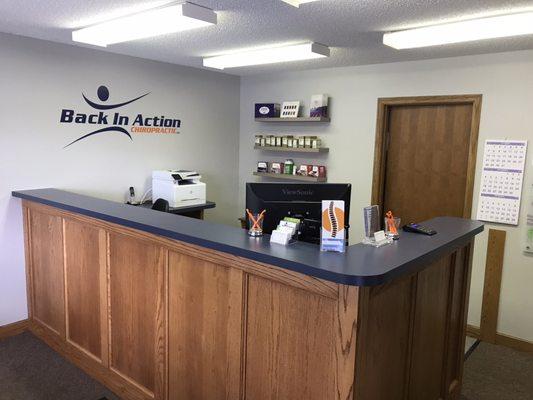 Front desk. Here you will be greeted by our friendly front desk staff.