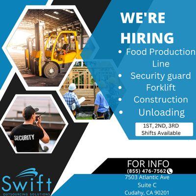 NOW HIRING, COME IN AND APPLY OR CALL US FOR MORE INFORMATION AT (855) 476-7562 #Walkinandapply #swiftoutsourcinsolutions #employmentagency