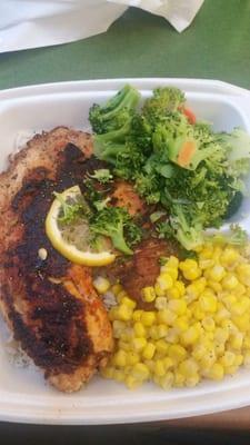 Grilled Talapia, broccoli and carrots, corn