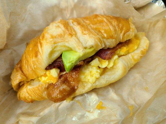 Bacon, Egg, & Cheese Sandwich on a crossaint +avocado