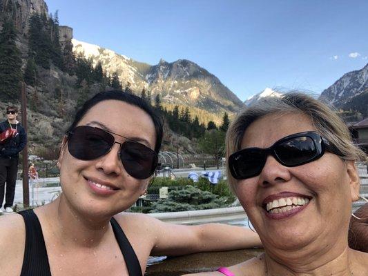 Ouray hot springs. Look at the view of mountains with snow.