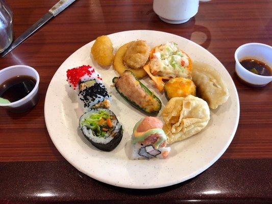 Sushi, fried corn, stuffed jalapeño, crab rangoon, gyoza.