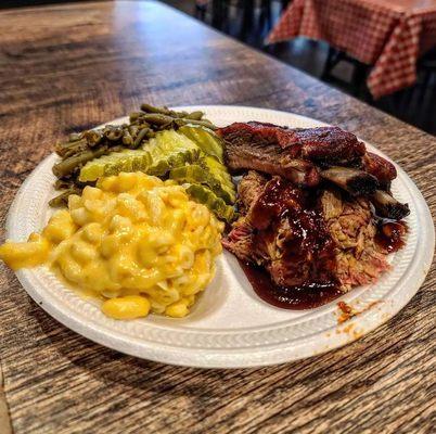 Absolutely delicious lunch!! * Smoked pulled pork, ribs, Mac and Cheese, green beans and a side of pickles.