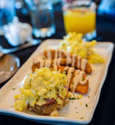 Crab Cake Benedict with scrambled eggs