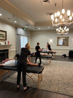 On location group stretching-
Big group? No problem, have a team come to your home, office, or party and give the gift of flexibility!