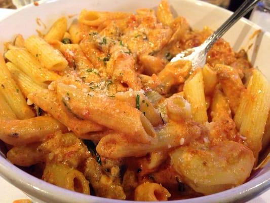 Build your own pasta bowl. Penne with pink sauce, shrimp, mushrooms,  and onions.