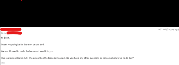 The email the morning of 8/1/24, the day after a lease was sent to us for signature for the posted lease amount.