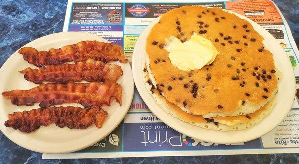 Chocolate Chip Pancakes   Side of Bacon