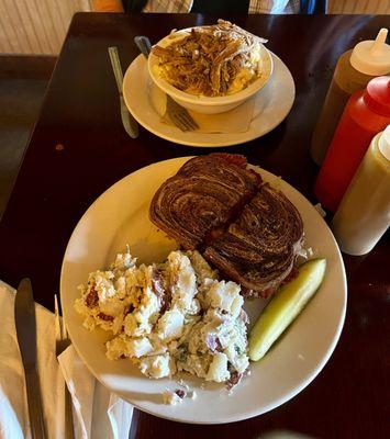 Rueben with Red Potato Bacon Salad and a Mac Bowl with Pulled Pork.