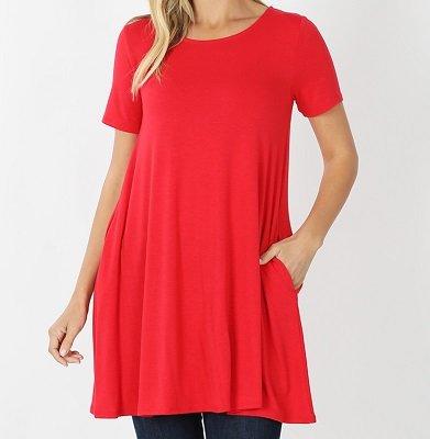 Short Sleeve Zenana Pocket Tunic, Ruby 57% Polyester, 38% Rayon, 5% Spandex 36" long