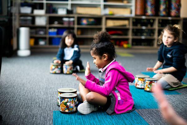 Kindergartener in music class at Gillispie School.